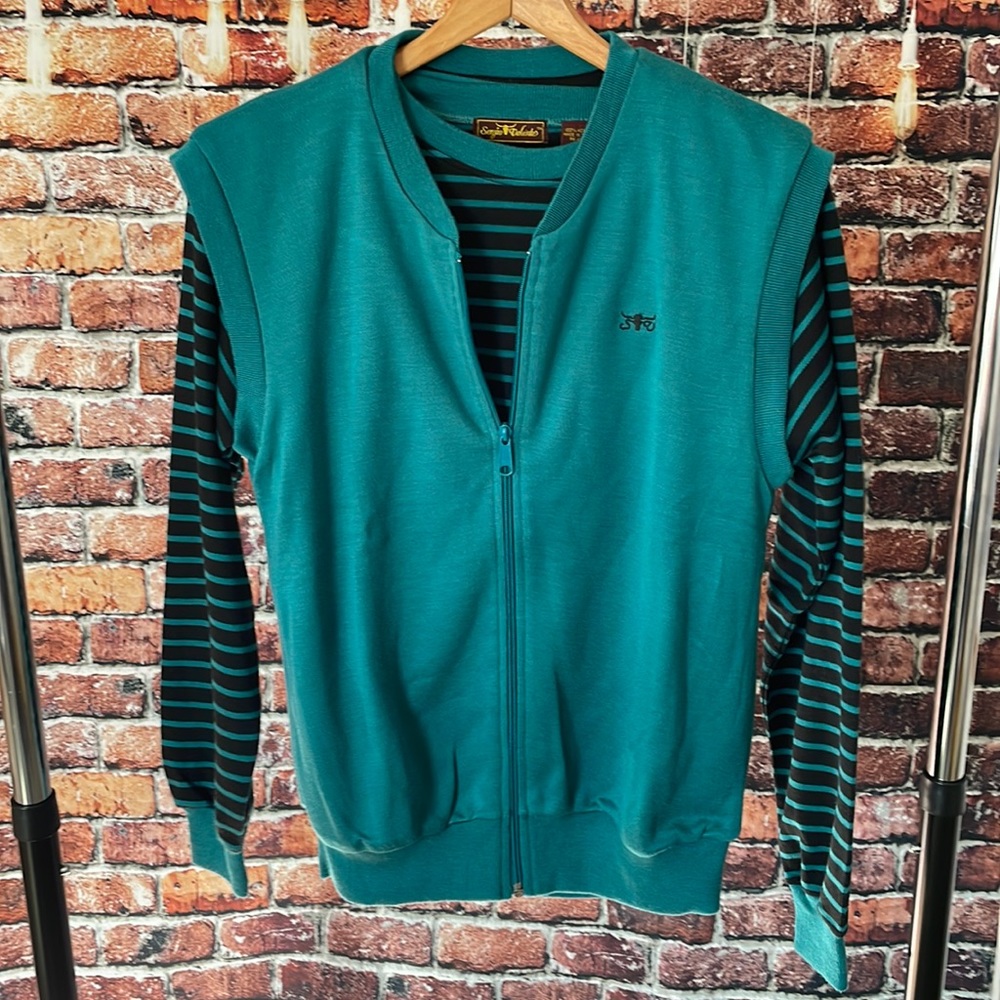 🔥 Sergio Valente 2 piece long sleeve reversible vest teal black stripes